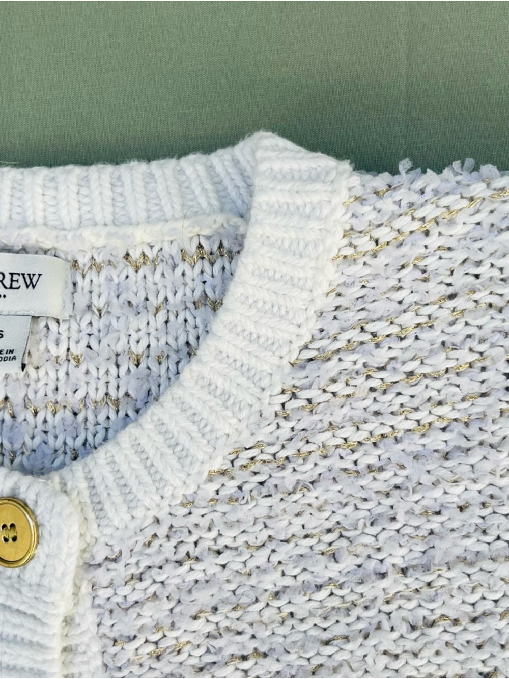 J.Crew Woman White Knitted Gold Thread & Buttons Sweater Cotton Blend Cardigan - Picture 8 of 11